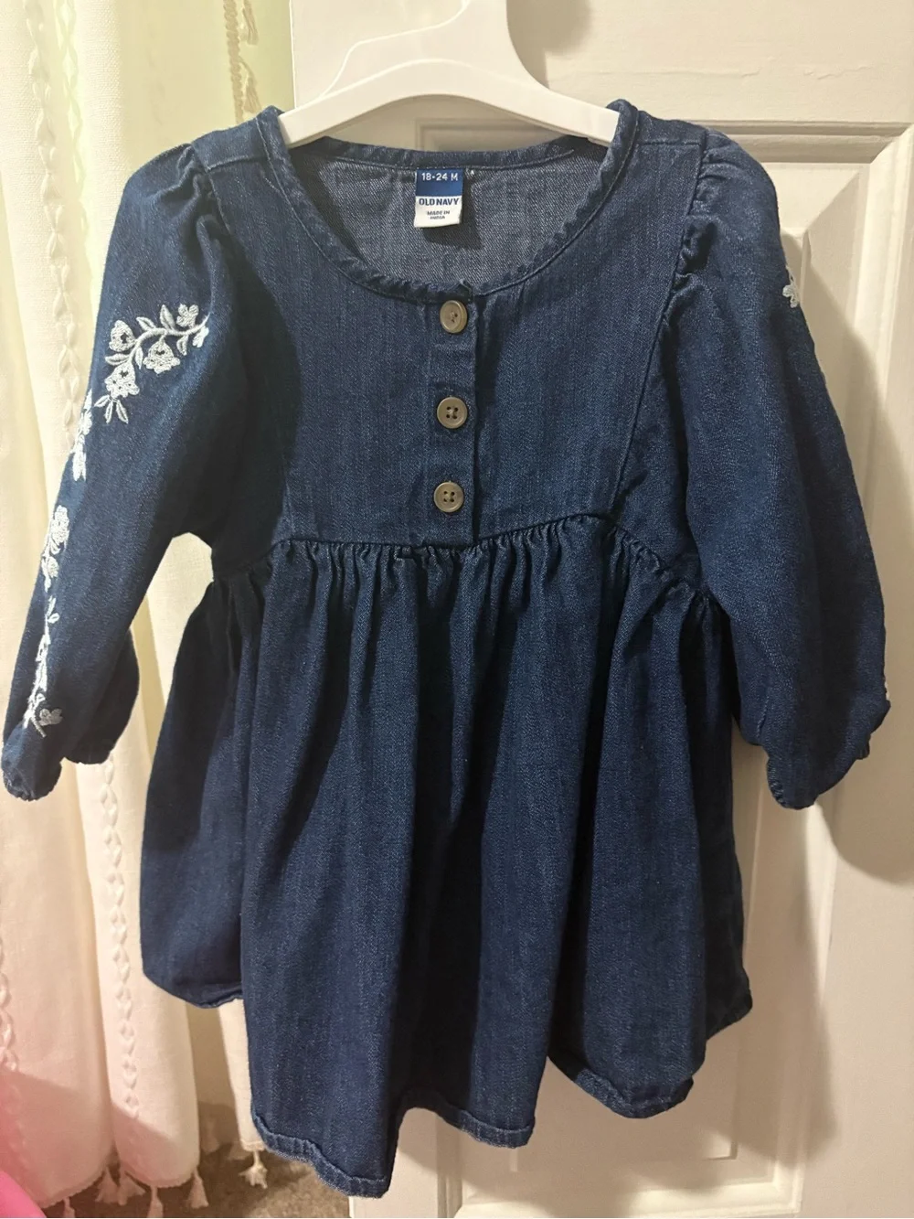 Old Navy Navy Blue Denim Embroidered Long-Sleeve Dress